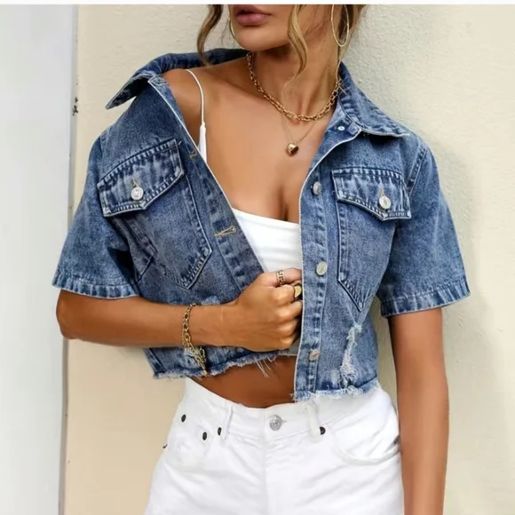 Blue Denim Ripped Jacket Crop✨️ - Picture 3 of 11